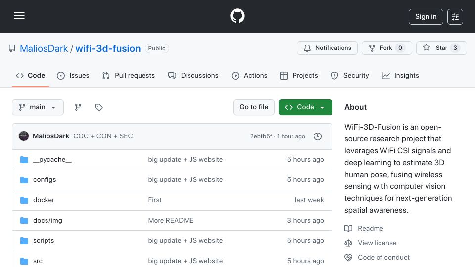 Screenshot of github.com: WiFi-3D-Fusion – Real-time 3D motion sensing with Wi-Fi