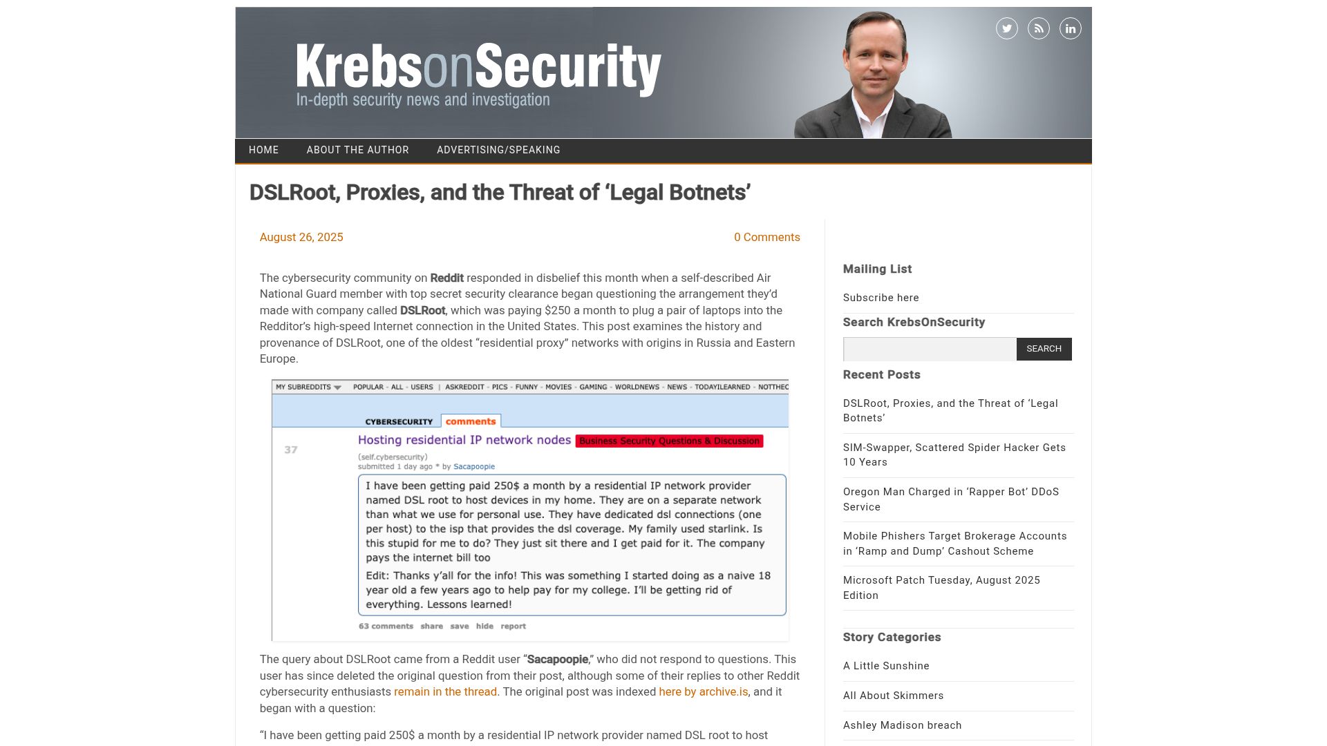 Screenshot of krebsonsecurity.com: DSLRoot, proxies, and the threat of 'legal botnets'