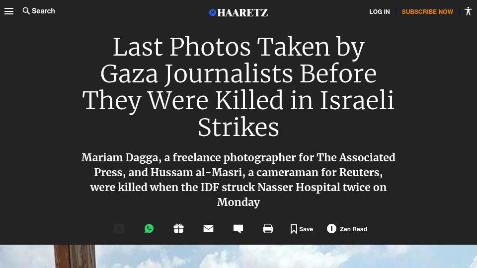 Screenshot of haaretz.com: Last Photos Taken by Gaza Journalists Before They Were Killed in Israeli Strikes