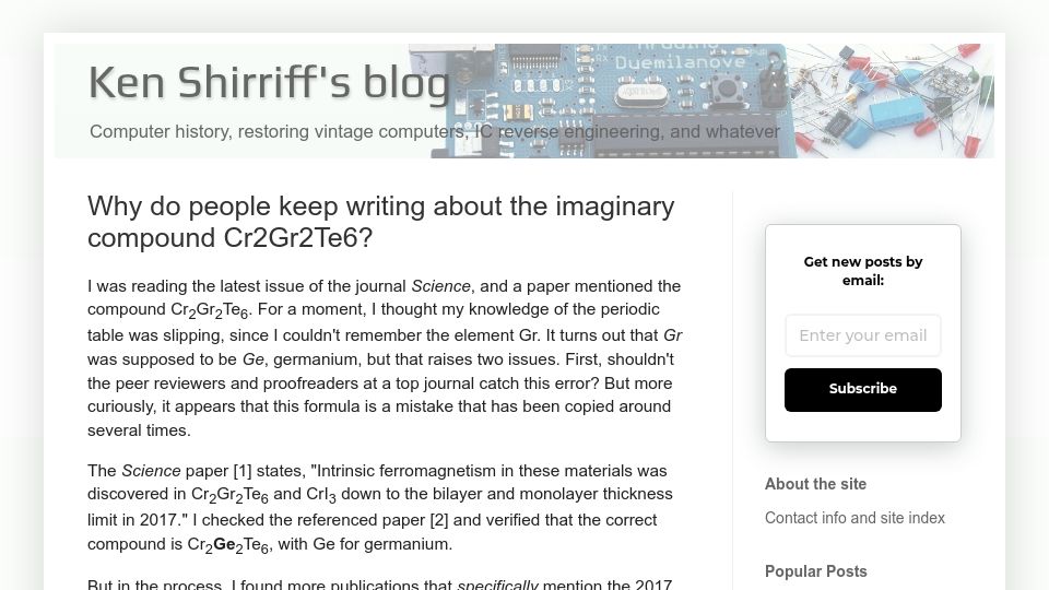 Screenshot of righto.com: Why do people keep writing about the imaginary compound Cr2Gr2Te6?