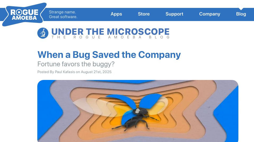 Screenshot of weblog.rogueamoeba.com: A bug saved the company