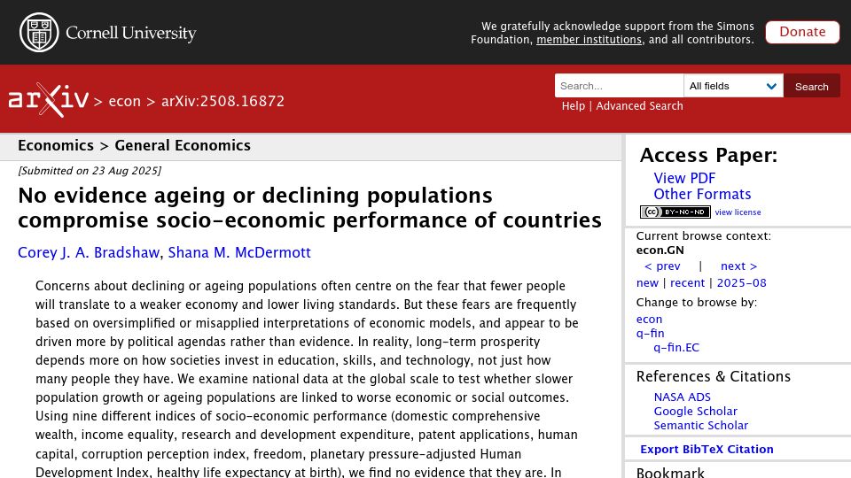 Screenshot of arxiv.org: No evidence ageing/declining populations compromise socio-economic performance