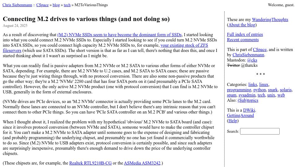 Screenshot of utcc.utoronto.ca: Connecting M.2 drives to various things (and not doing so)