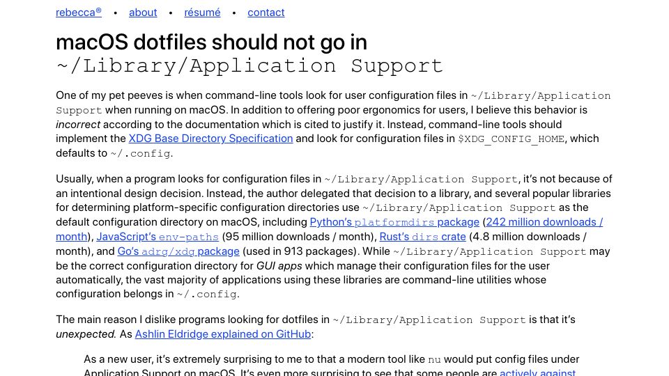 Screenshot of becca.ooo: macOS dotfiles should not go in –/Library/Application Support