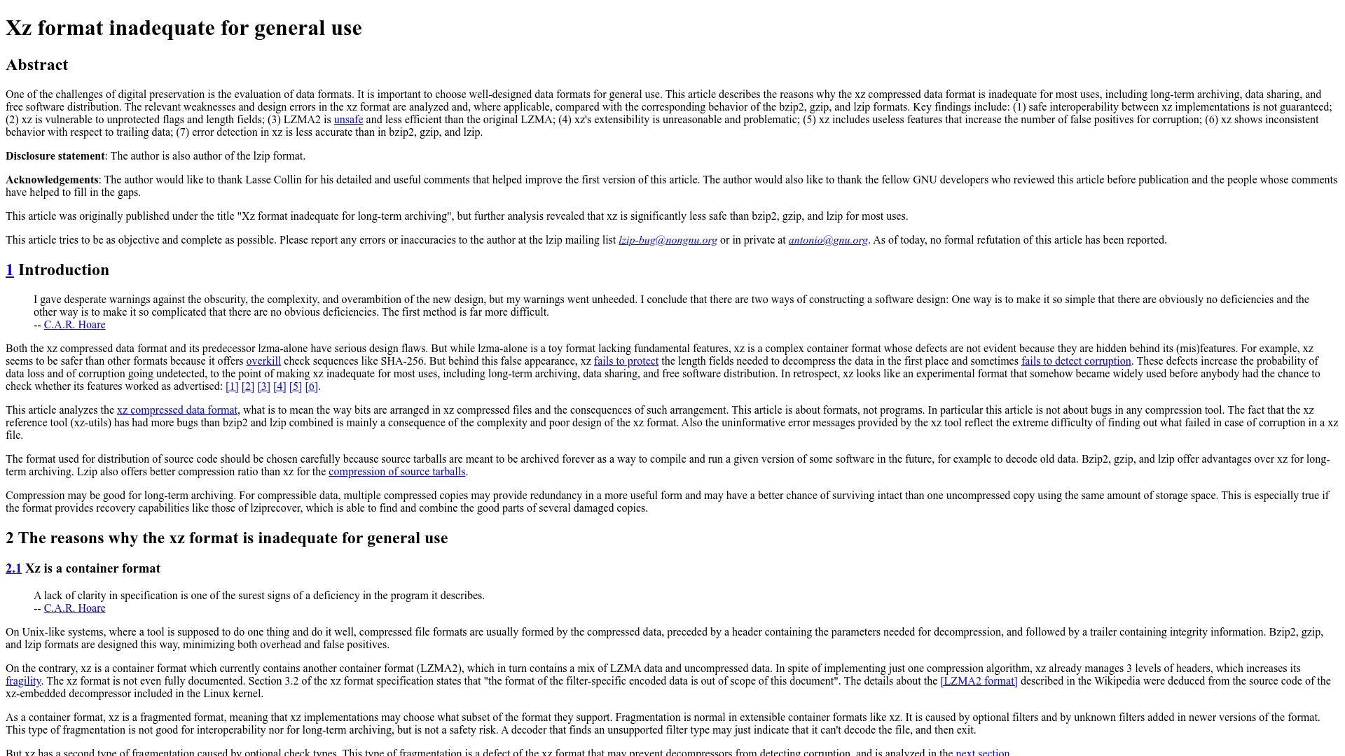 Screenshot of nongnu.org: Xz format inadequate for general use