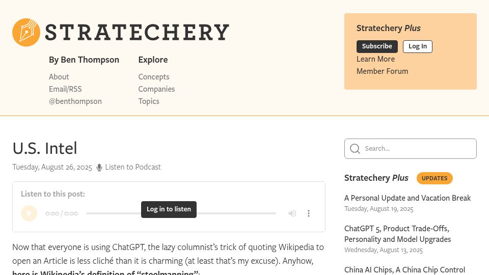 Screenshot of stratechery.com: US Intel