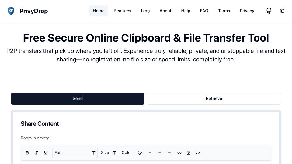 Screenshot of privydrop.app: Show HN: My OSS P2P file transfer tool for learning Next.js (as a C++ dev)