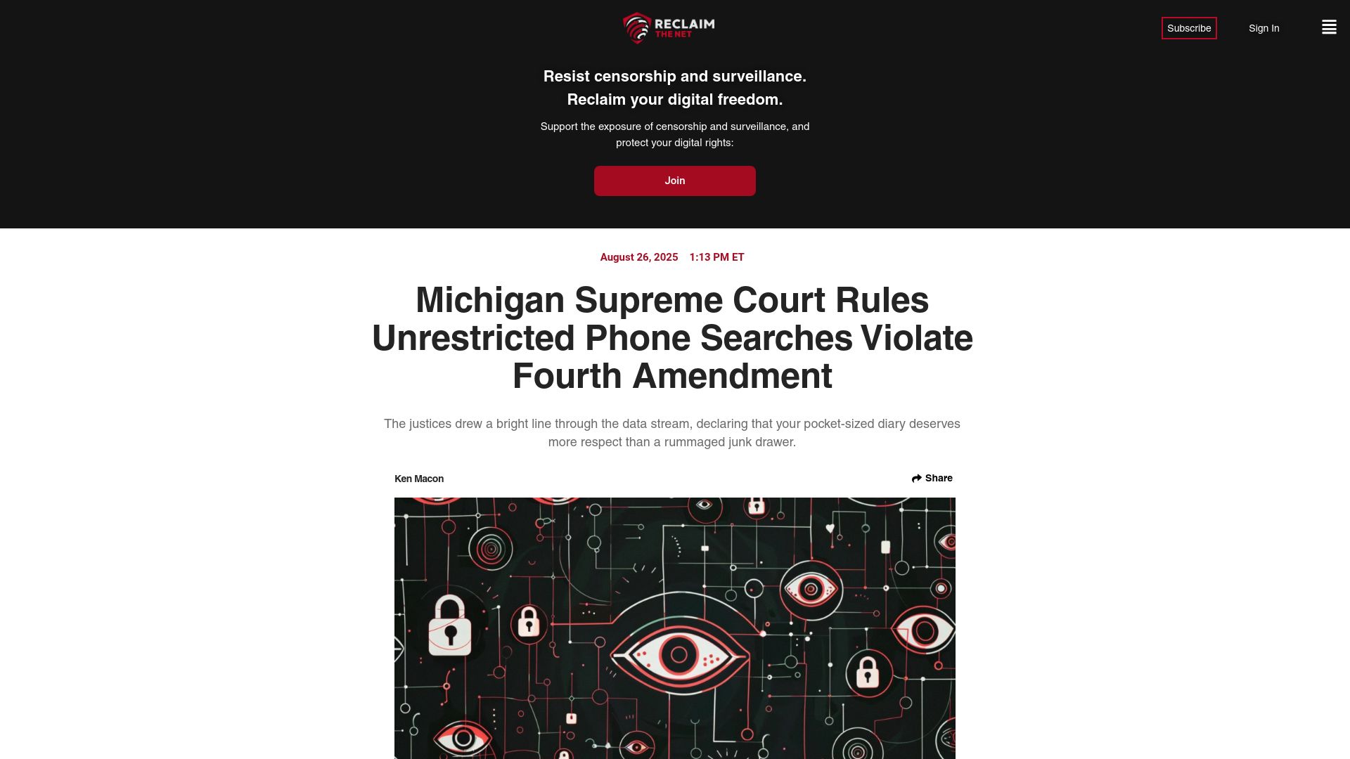 Screenshot of reclaimthenet.org: Michigan Supreme Court: Unrestricted phone searches violate Fourth Amendment