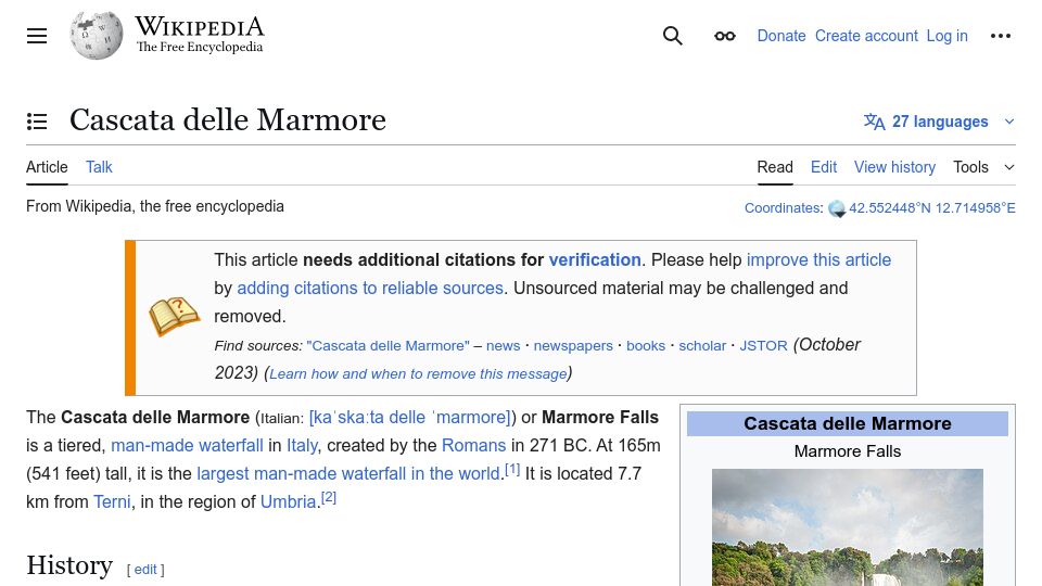 Screenshot of en.wikipedia.org: Cascata delle Marmore