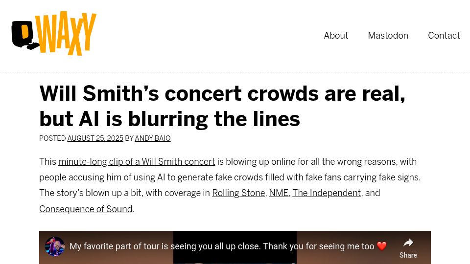 Screenshot of waxy.org: Will Smith's concert crowds are real, but AI is blurring the lines