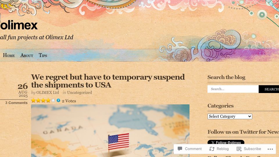 Screenshot of olimex.wordpress.com: We regret but have to temporary suspend the shipments to USA