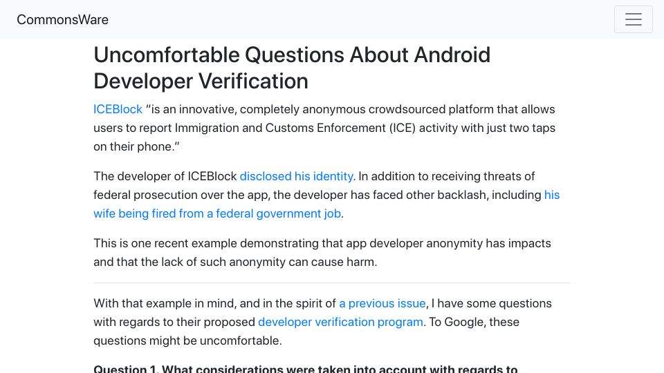 Screenshot of commonsware.com: Uncomfortable Questions About Android Developer Verification
