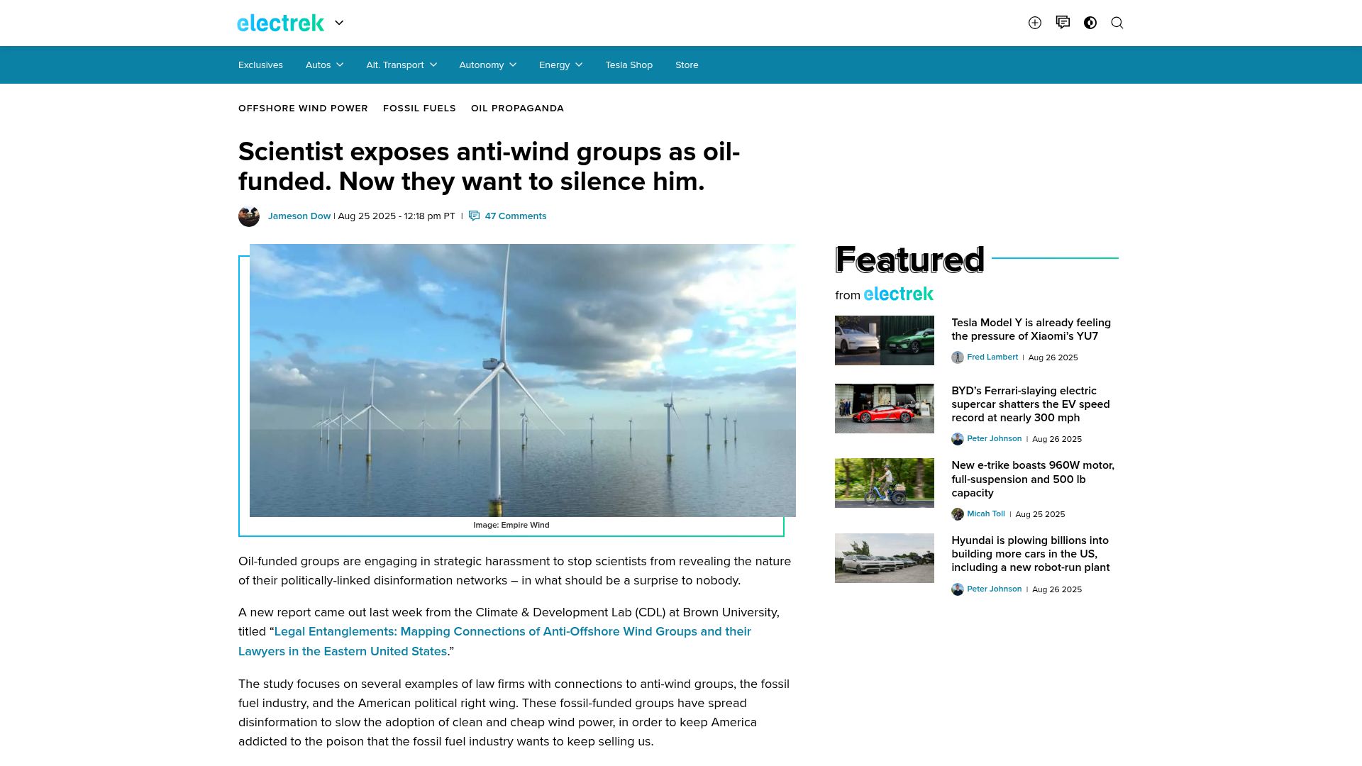 Screenshot of electrek.co: Scientist exposes anti-wind groups as oil-funded. Now they want to silence him