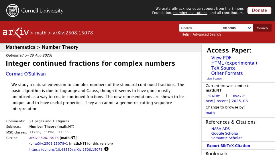 Screenshot of arxiv.org: Integer continued fractions for complex numbers