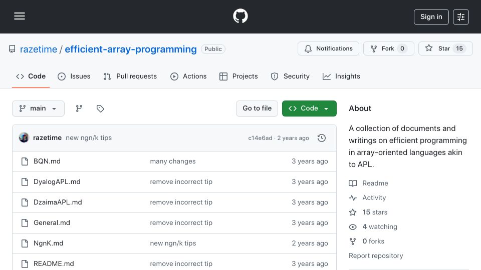 Screenshot of github.com: Efficient Array Programming