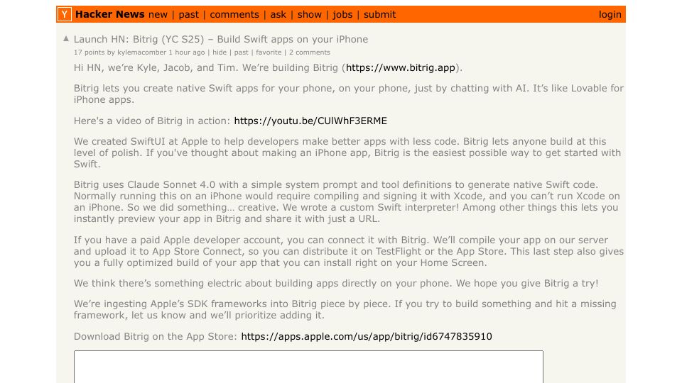 Screenshot of Hacker News post: Launch HN: Bitrig (YC S25) – Build Swift apps on your iPhone