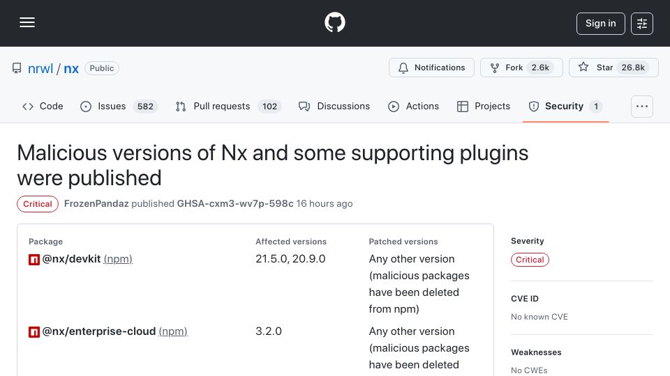 Screenshot of github.com: Malicious versions of Nx and some supporting plugins were published