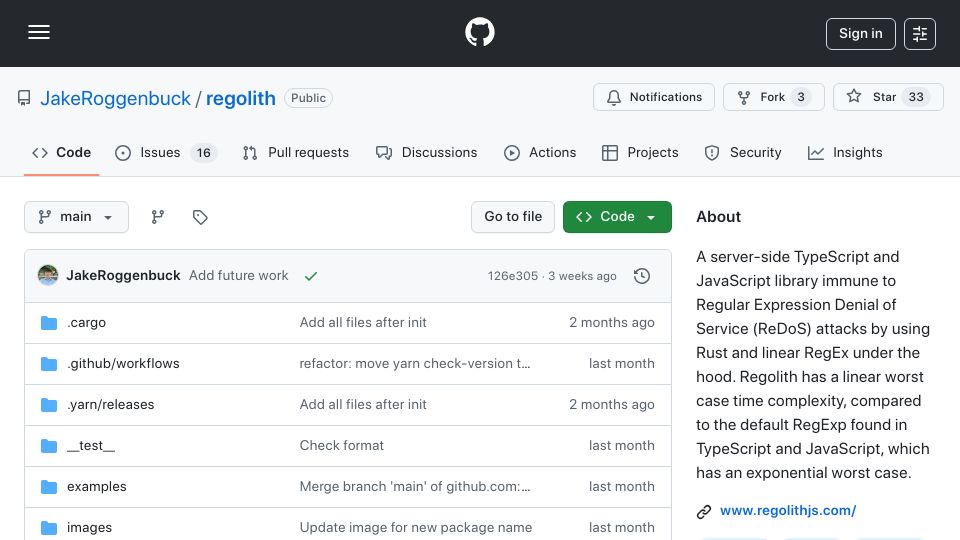 Screenshot of github.com: Show HN: Regolith – Regex library that prevents ReDoS CVEs in TypeScript