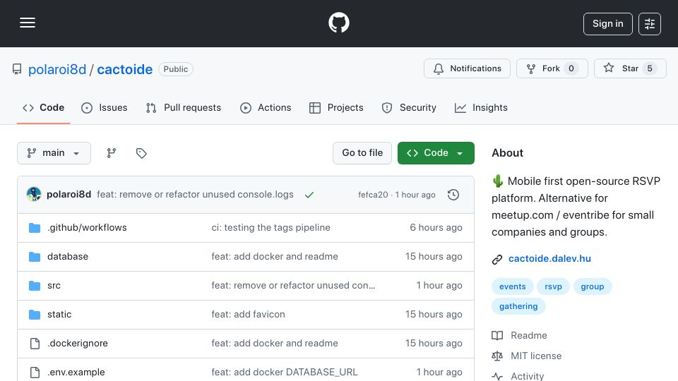 Screenshot of github.com: Show HN: Meetup.com and eventribe alternative to small groups