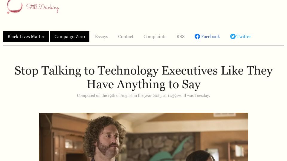 Screenshot of stilldrinking.org: Stop talking to technology executives like they have anything to say