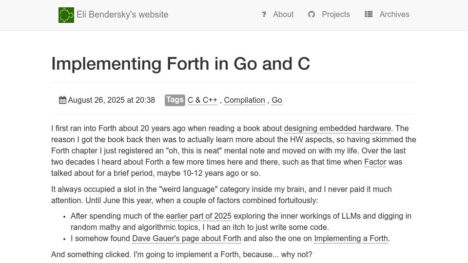 Screenshot of eli.thegreenplace.net: Implementing Forth in Go and C