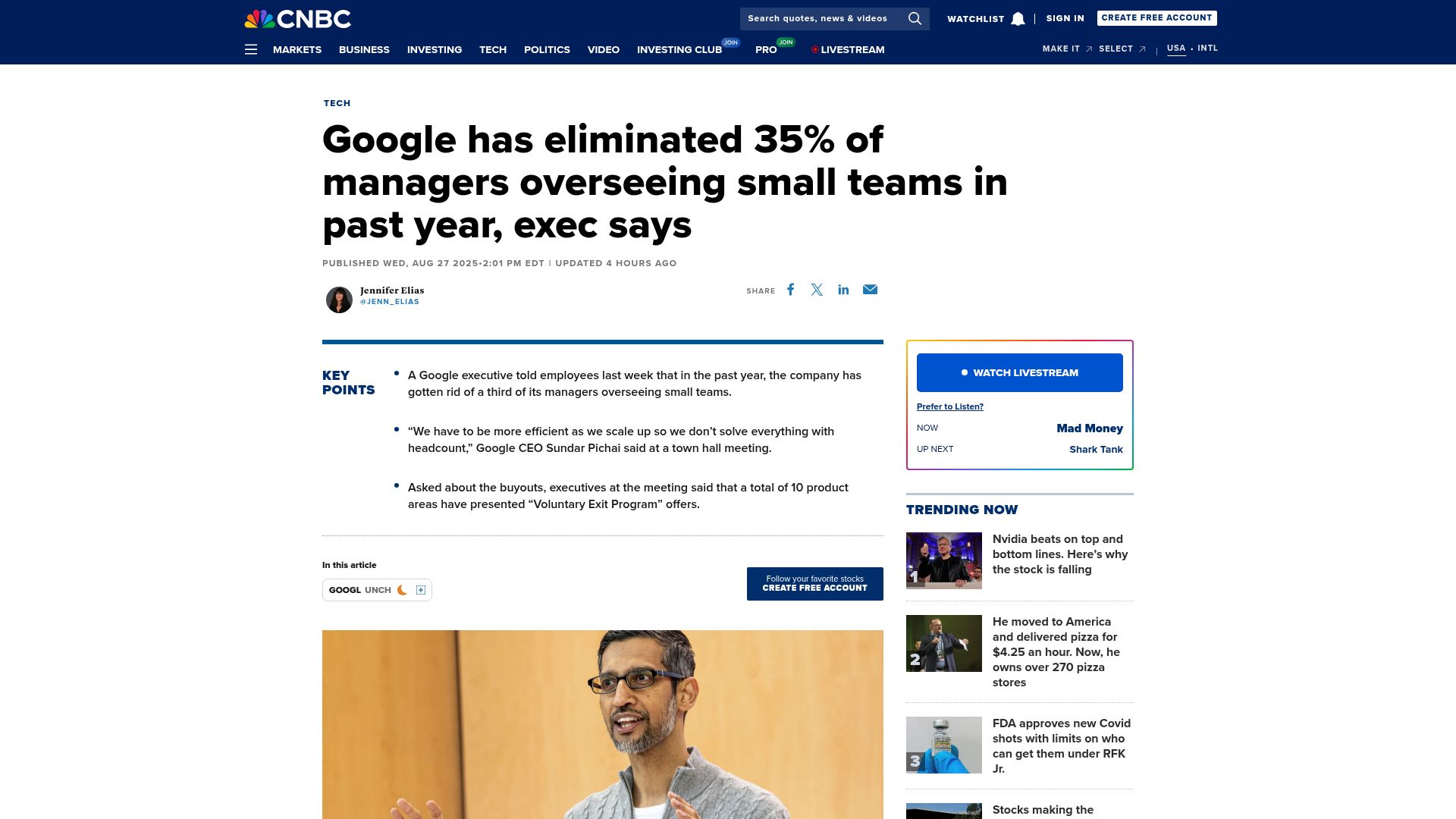 Screenshot of cnbc.com: Google has eliminated 35% of managers overseeing small teams in past year