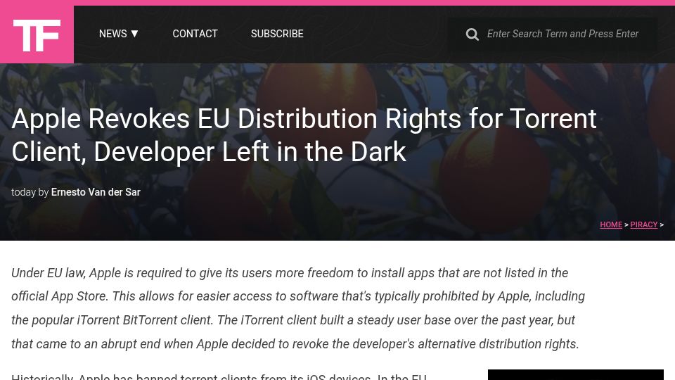 Screenshot of torrentfreak.com: Apple Revokes EU Distribution Rights for an App on the Alt Store