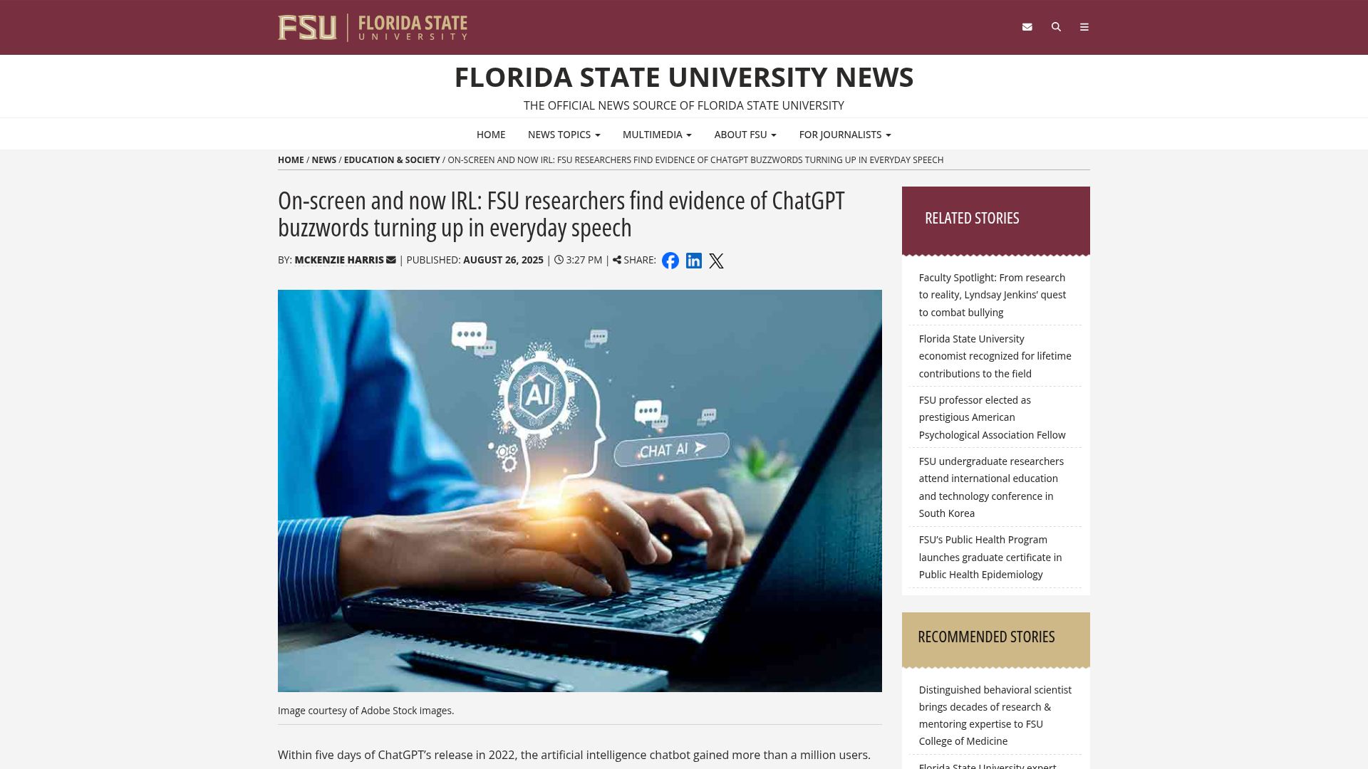 Screenshot of news.fsu.edu: Researchers find evidence of ChatGPT buzzwords turning up in everyday speech