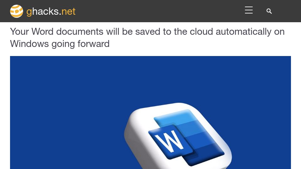 Screenshot of ghacks.net: Word documents will be saved to the cloud automatically on Windows going forward