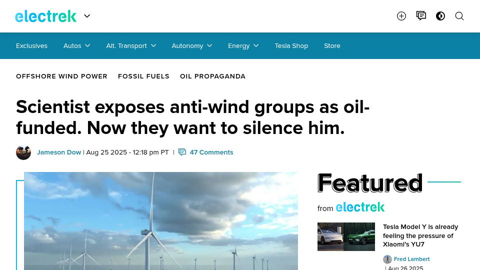 Screenshot of electrek.co: Scientist exposes anti-wind groups as oil-funded. Now they want to silence him
