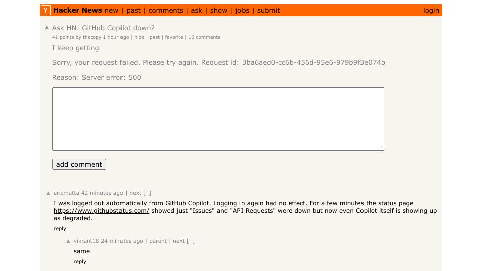 Screenshot of Hacker News post: Ask HN: GitHub Copilot down?