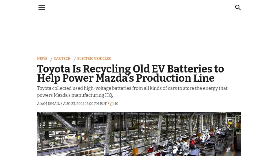 Screenshot of thedrive.com: Toyota is recycling old EV batteries to help power Mazda's production line
