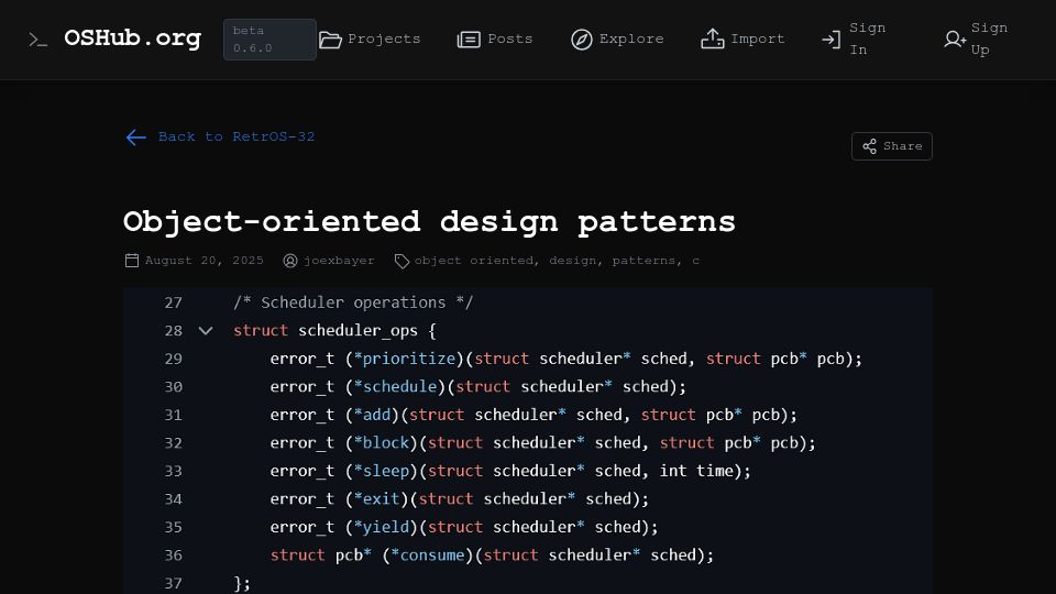 Screenshot of oshub.org: Object-oriented design patterns in C and kernel development