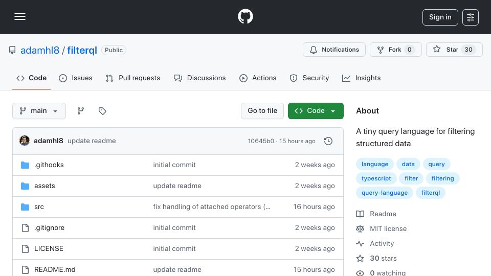 Screenshot of github.com: Show HN: FilterQL – A tiny query language for filtering structured data