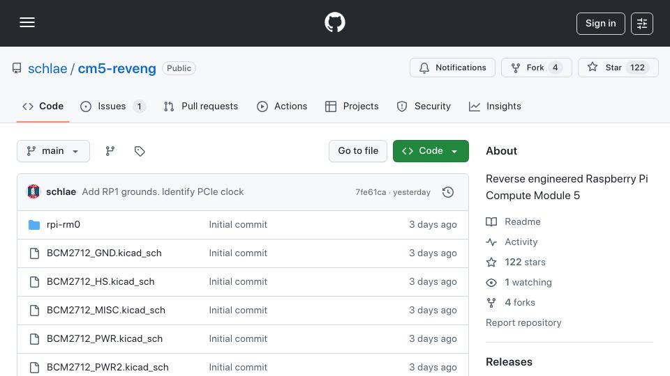 Screenshot of github.com: Reverse Engineered Raspberry Pi Compute Module 5