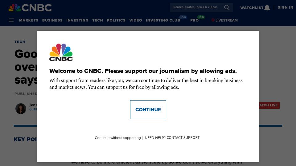 Screenshot of cnbc.com: Google has eliminated 35% of managers overseeing small teams in past year