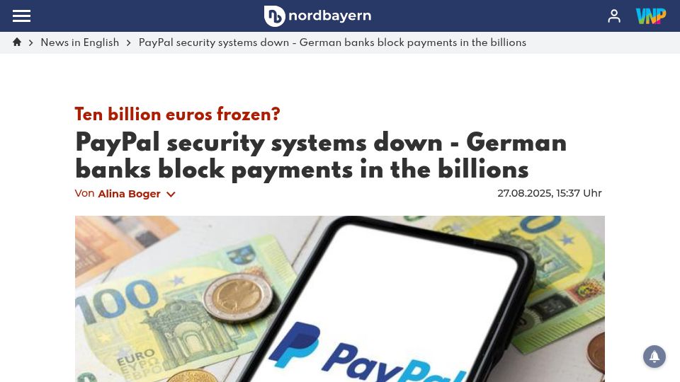 Screenshot of nordbayern.de: A failure of security systems at PayPal is causing concern for German banks