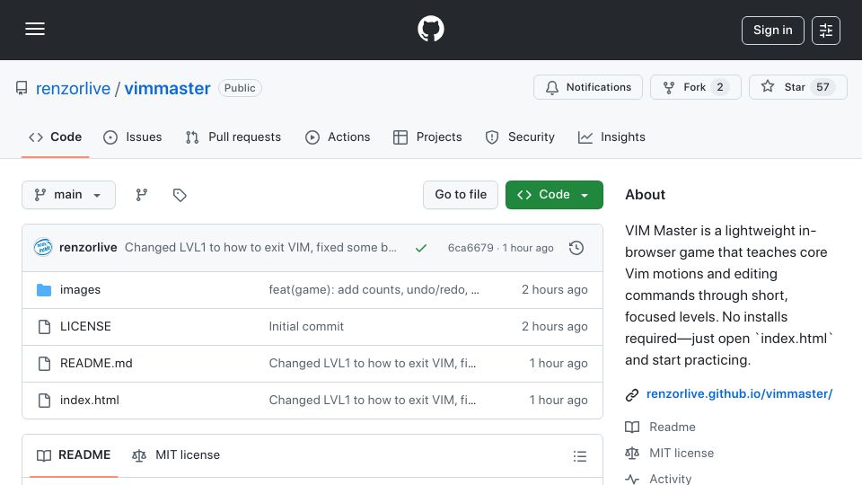 Screenshot of github.com: VIM Master