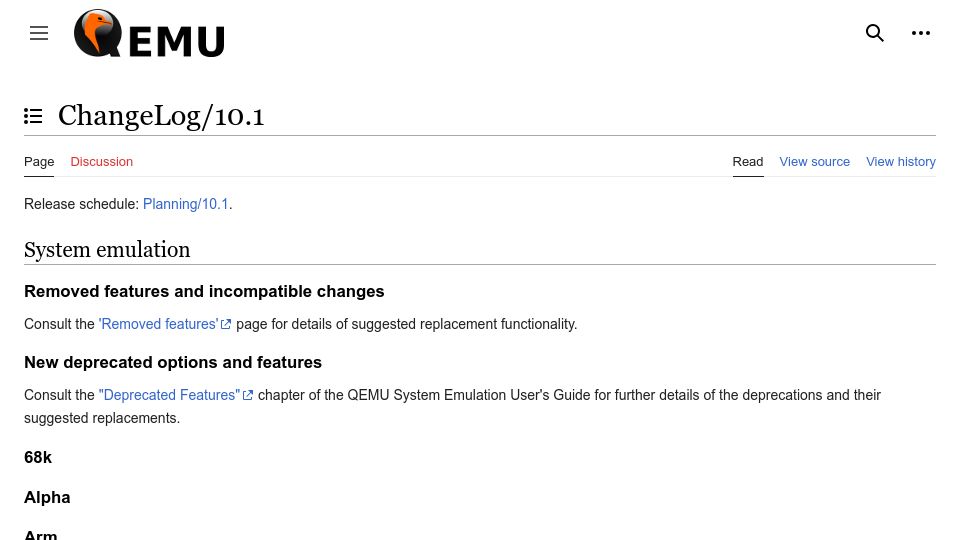 Screenshot of wiki.qemu.org: QEMU 10.1.0