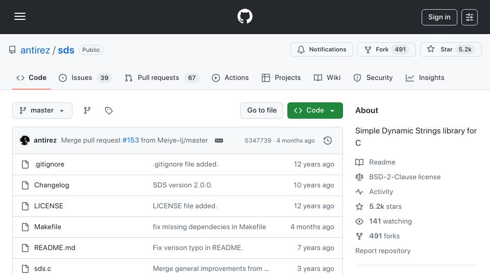 Screenshot of github.com: SDS: Simple Dynamic Strings library for C