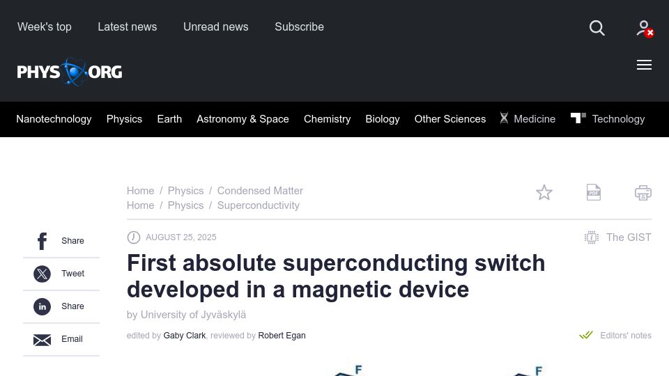 Screenshot of phys.org: First absolute superconducting switch developed in a magnetic device