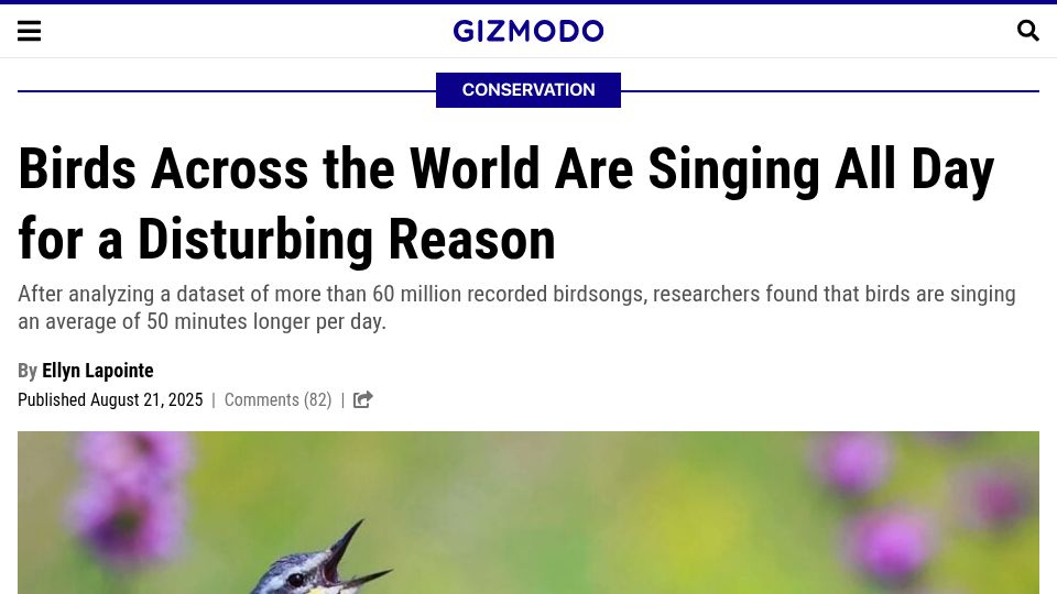 Screenshot of gizmodo.com: Light pollution prolongs avian activity