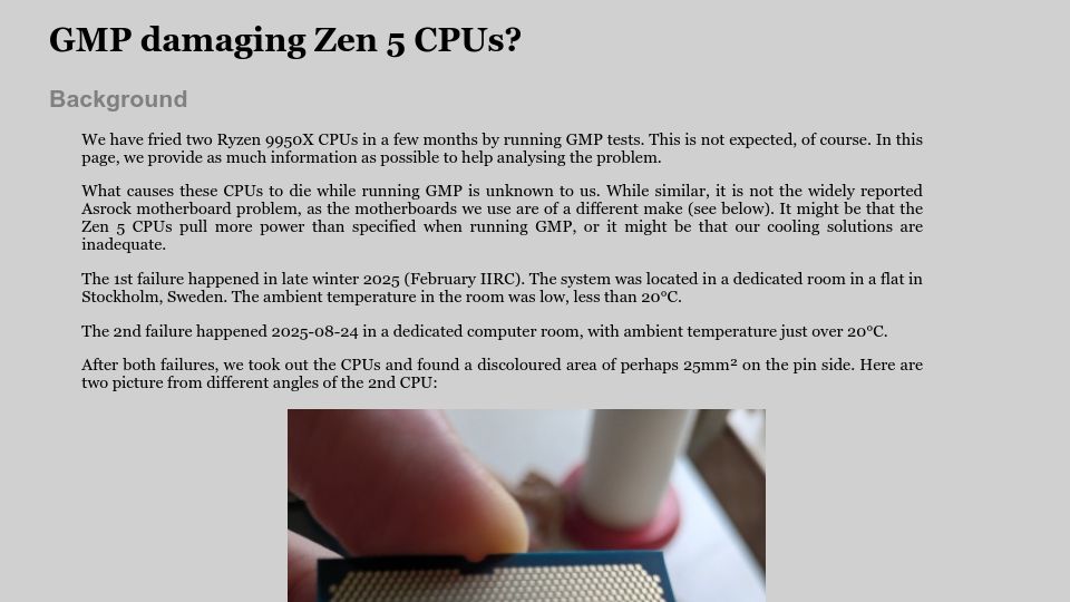 Screenshot of gmplib.org: GMP damaging Zen 5 CPUs?