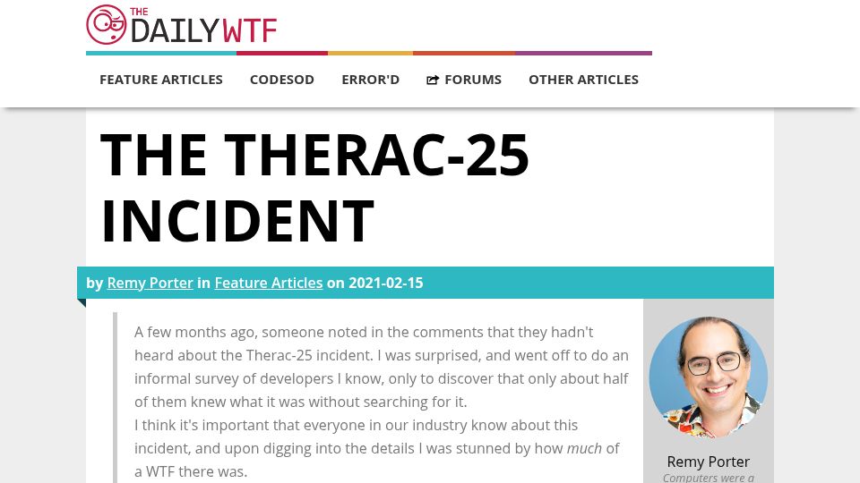 Screenshot of thedailywtf.com: The Therac-25 Incident (2021)
