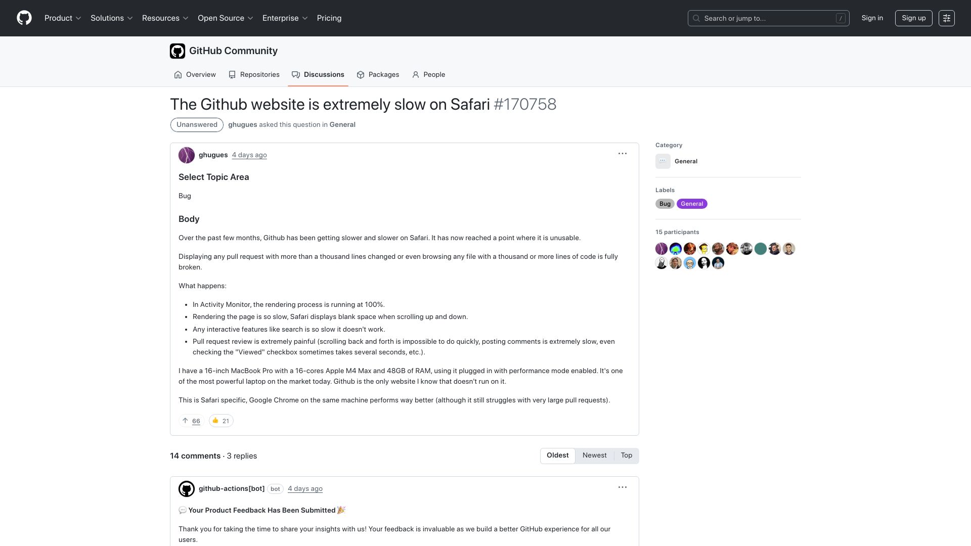 Screenshot of github.com: The GitHub website is slow on Safari