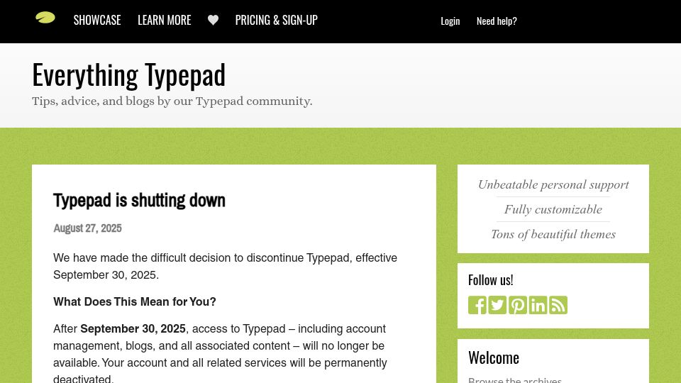 Screenshot of everything.typepad.com: Typepad is shutting down