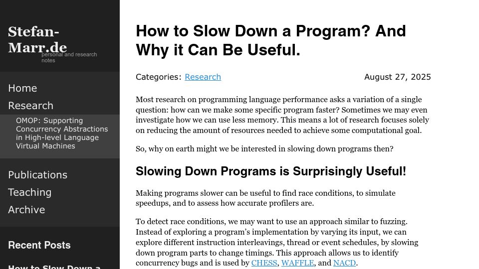 Screenshot of stefan-marr.de: How to slow down a program and why it can be useful