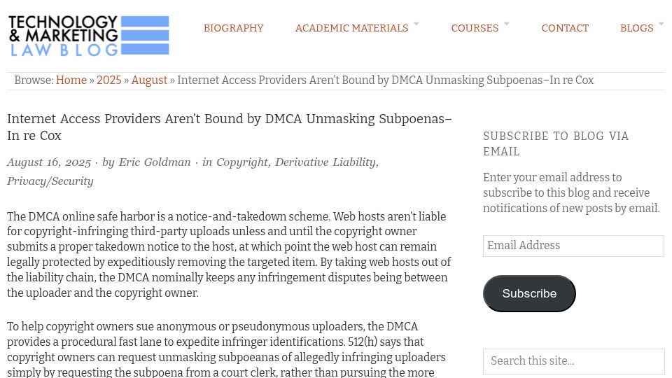 Screenshot of blog.ericgoldman.org: Internet Access Providers Aren't Bound by DMCA Unmasking Subpoenas–In Re Cox