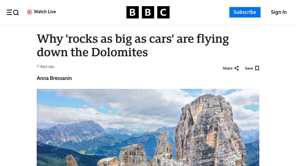 Screenshot of bbc.com: 'Rocks as big as cars' are flying down the Dolomites