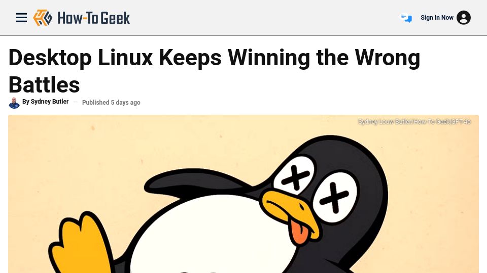 Screenshot of howtogeek.com: Desktop Linux Keeps Winning the Wrong Battles